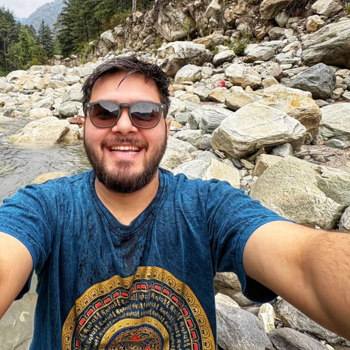 Sitting in the Parvati river among boulders, pine forest behind